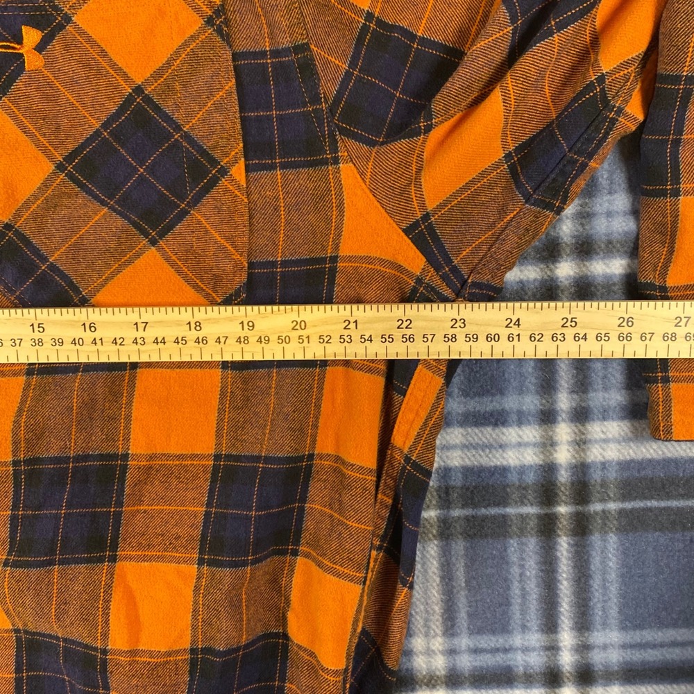 Under Armour ColdGear Mens Plaid Flannel Shirt Orange Navy Blue Loose Fit Large - Picture 4 of 6